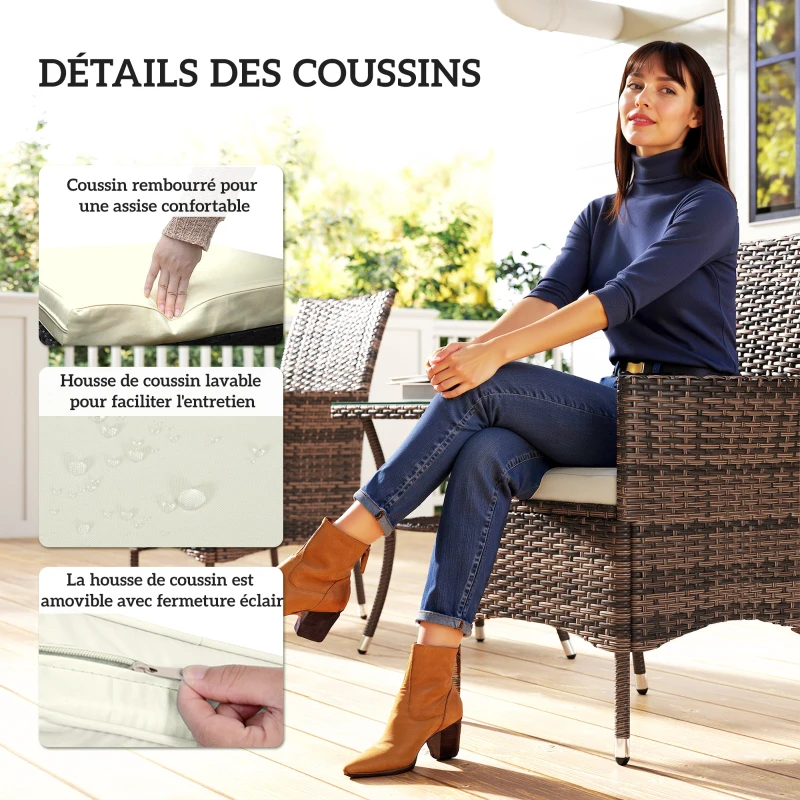 Outsunny Ensemble Salon de Jardin 2 Places : 2 fauteuils et Table Basse Plateau Verre trempé résine tressée Imitation rotin Chocolat foncé Coussins Blanc