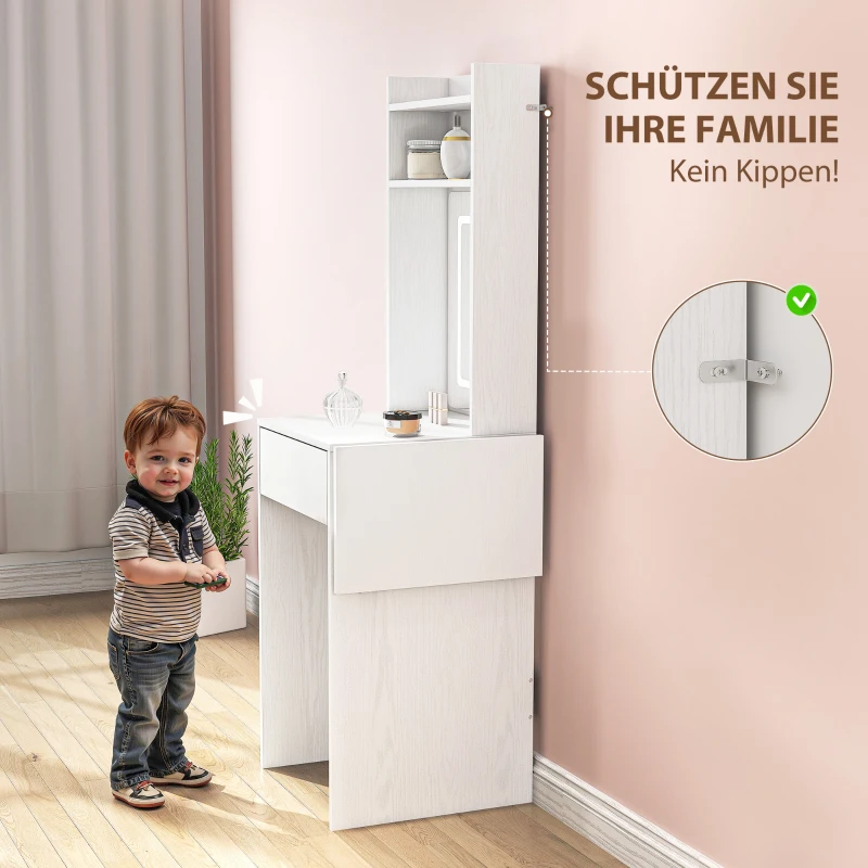 HOMCOM Kompakter Schminktisch mit Spiegel und LED-Beleuchtung, klappbare Tischplatte, offenere Regale, Schublade, MDF, Weiß