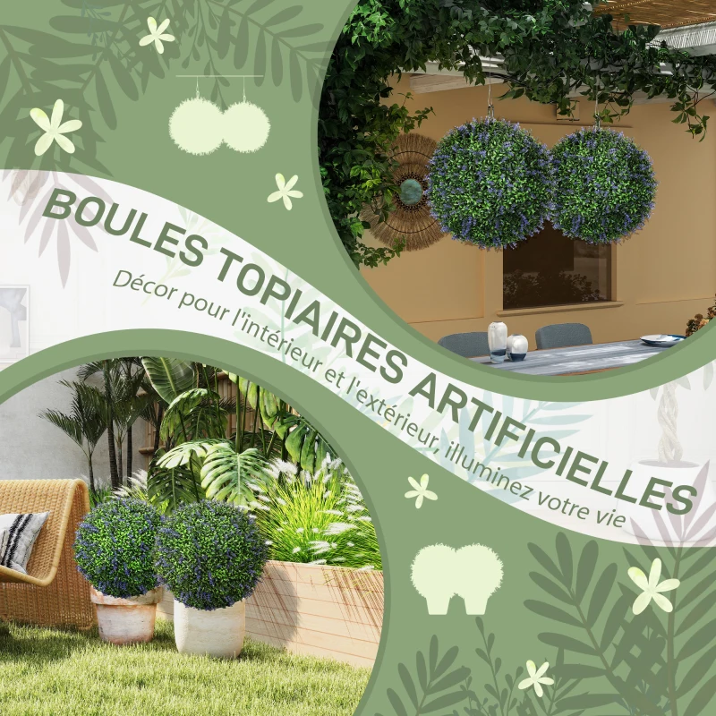 HOMCOM Lot de 2 boules topiaires artificielles, fausses plantes décoratives résistantes aux UV, Ø 42 cm, violet et vert