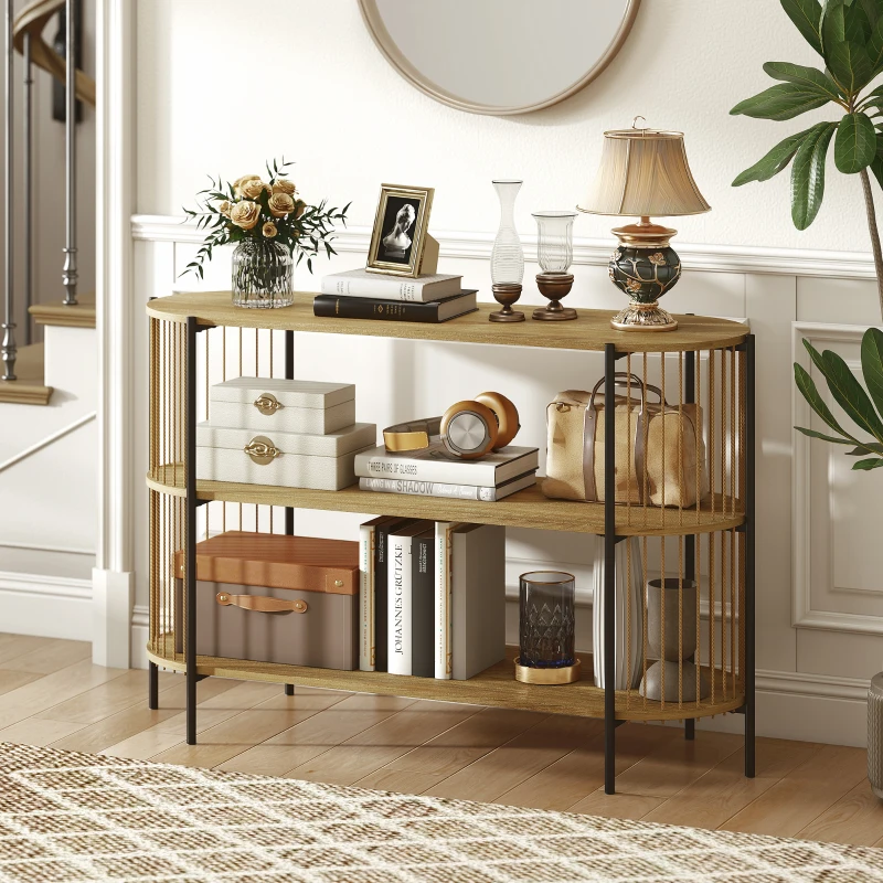 HOMCOM Mesa Consola com Corda de Papel Trançada à Mão Consola de Entrada de 3 Níveis com Estrutura de Aço Estilo Boémio 124x43,5x80 cm Madeira