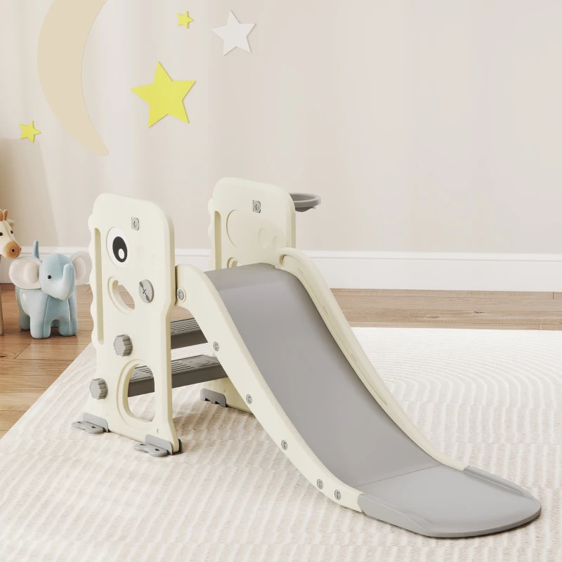 AIYAPLAY Escorrega Infantil 3 em 1 Dobrável com Escada Cesto de Basquetebol e Desenho de Dinossauro 146x52x65 cm Creme e Cinza