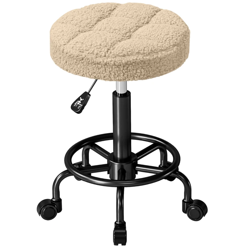 HOMCOM Taburete Giratorio Redondo Taburete con Ruedas Altura Regulable 50-66 cm Asiento Tapizado en Tejido de Borreguito Marrón