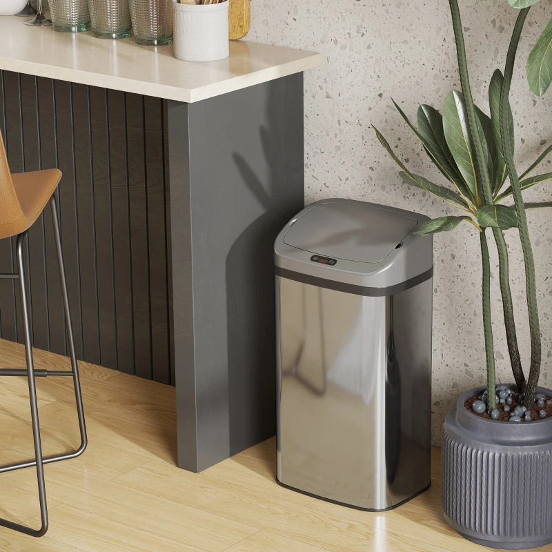 HOMCOM 48 L Poubelle à Capteur pour Cuisine ou Bureau, Fonction de Fermeture Automatique, Acier Inoxydable, Argent