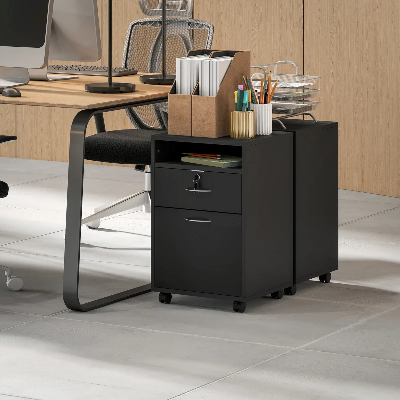 HOMCOM Mobiletto da Ufficio in Legno con Ripiano Aperto, Cassetto con Serratura e Armadietto, 40x35x60 cm, Nero
