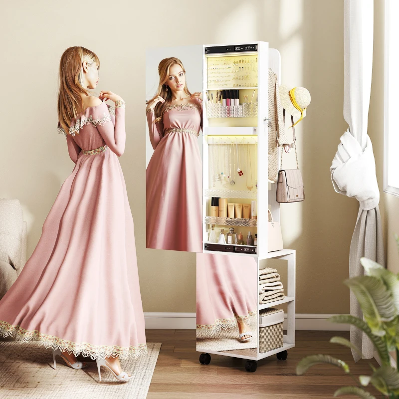 HOMCOM Miroir à Bijoux avec Lumières LED Armoire à Bijoux à Rotation de 360° Serrure et Clés Surface Blanc et Doublure Beige