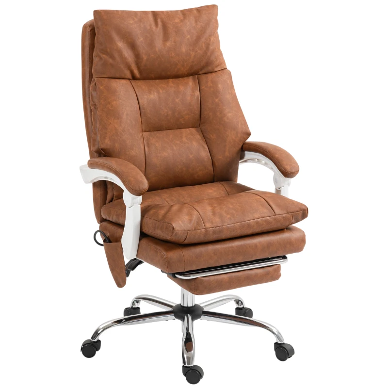HOMCOM Silla de Escritorio con Soporte Lumbar Inflable Tapizada en PU Reposapiés Respaldo Reclinable Altura Ajustable Marrón
