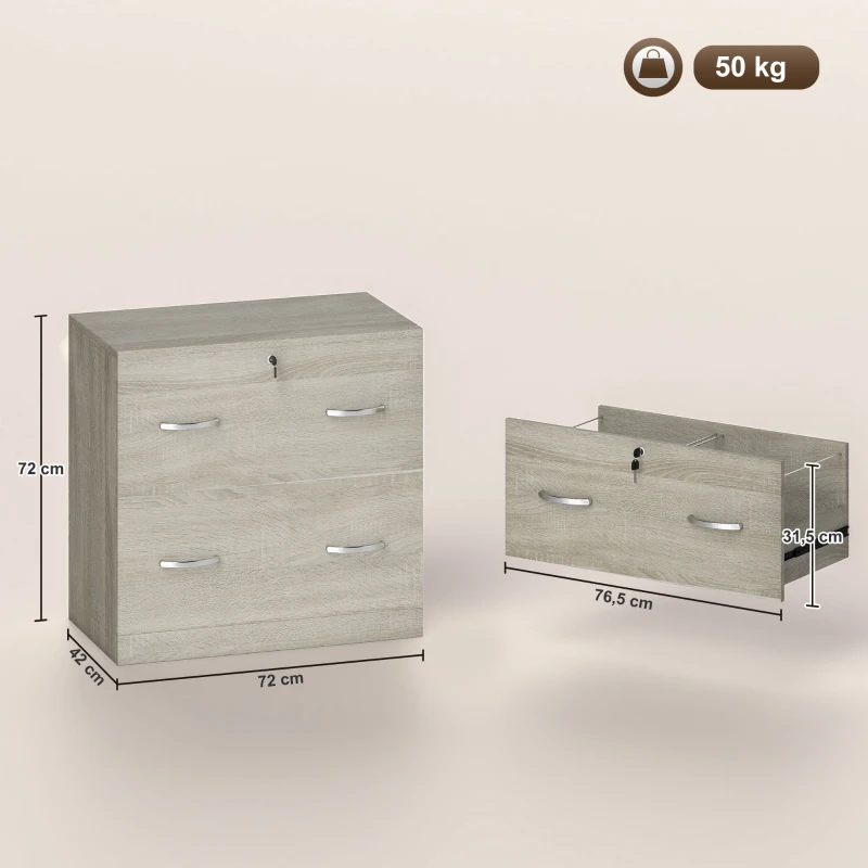 Vinsetto Classeur de Bureau avec 2 Tiroirs avec Rails pour Dossiers Suspendus pour A4 Serrure et 2 Clés 74x42x72 cm Naturel