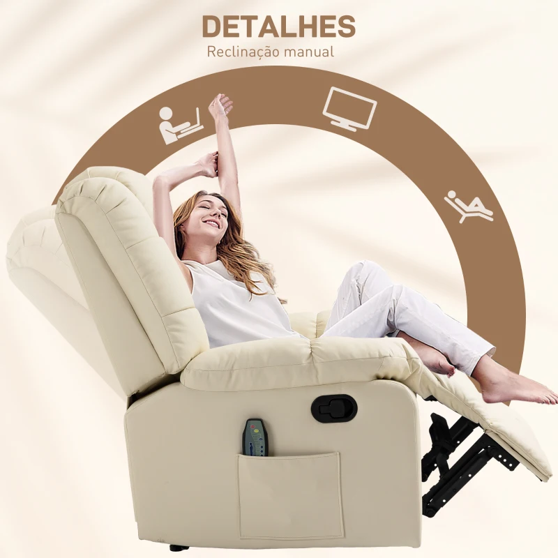 HOMCOM Poltrona de Massagem Poltrona Relax Reclinável com 8 Pontos de Massagem Controlo Remoto Estofada em PU 94x99x99 cm Creme