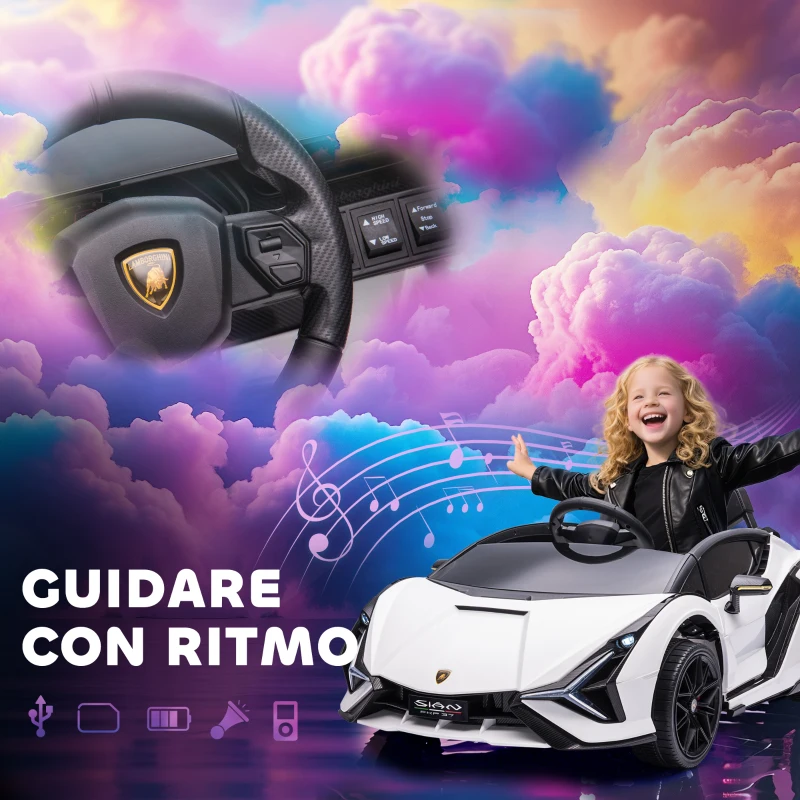 HOMCOM Macchina Elettrica per Bambini 3-5 Anni Lamborghini 12V con Telecomando e Velocità 3-5km/h, Bianco