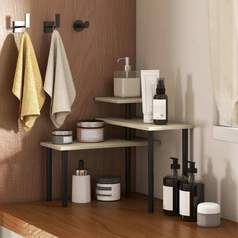 HOMCOM Küchenregal mit 3 Ebenen und 3 Drehbaren Regalen Metallrahmen und Stufendesign für Esszimmer Wohnzimmer Natural