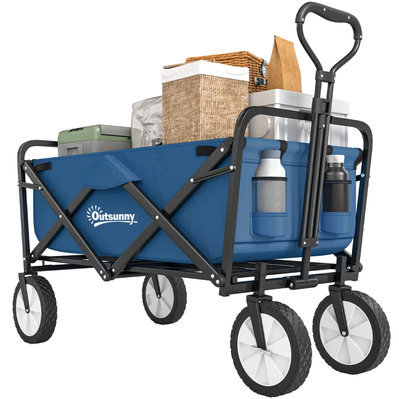 Outsunny 90L Festival Trolley on Wheels, Folding Camping Trolley Cart with Adjustable Handle, Portable for Outdoor, Garden, Shopping, Fishing, Navy Blue
