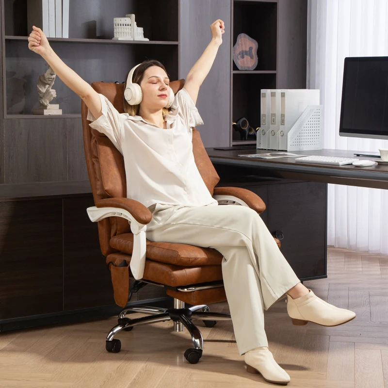 HOMCOM Silla de Escritorio con Soporte Lumbar Inflable Tapizada en PU Reposapiés Respaldo Reclinable Altura Ajustable Marrón