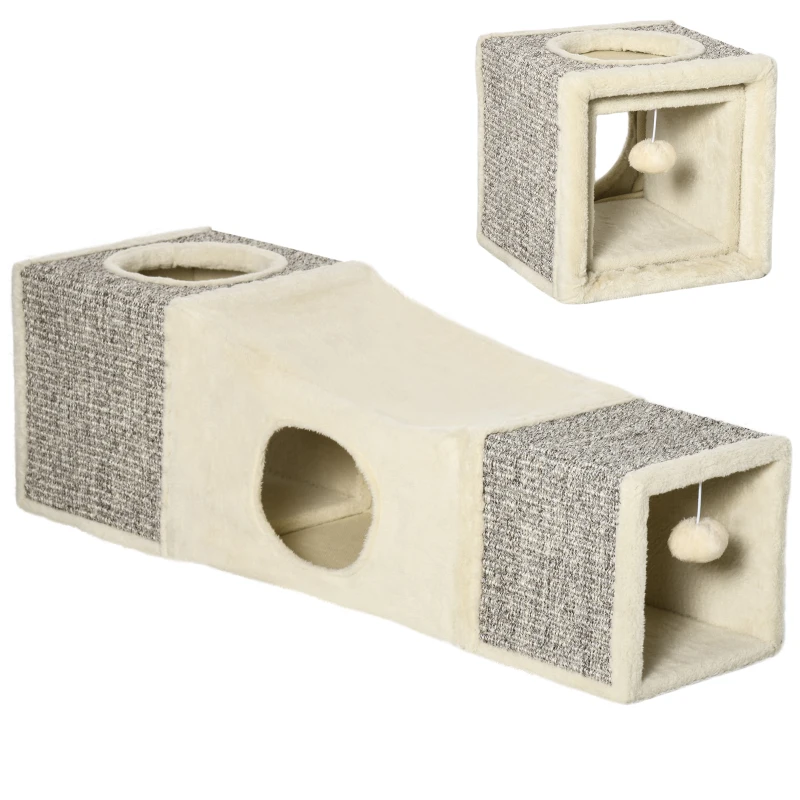 PawHut Tunnel per Gatti Pieghevole con Casette, Tiragraffi e Pallina in Peluche e Sisal, Crema