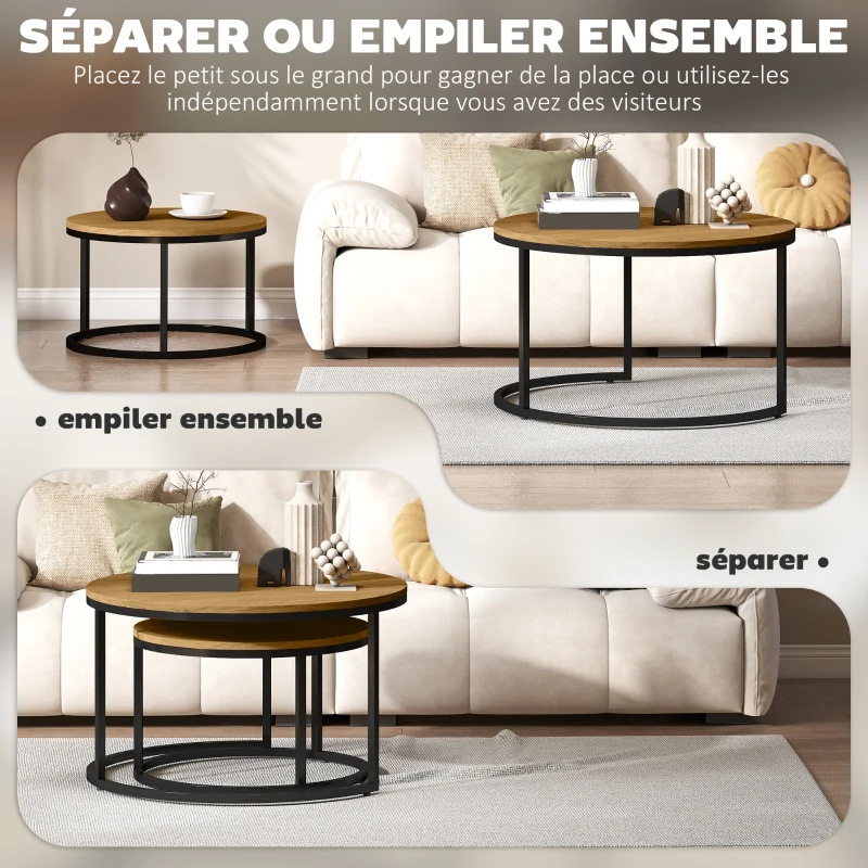 HOMCOM Lot de 2 tables basses gigognes empilable design industriel plateau imitation ciment pieds en métal marron