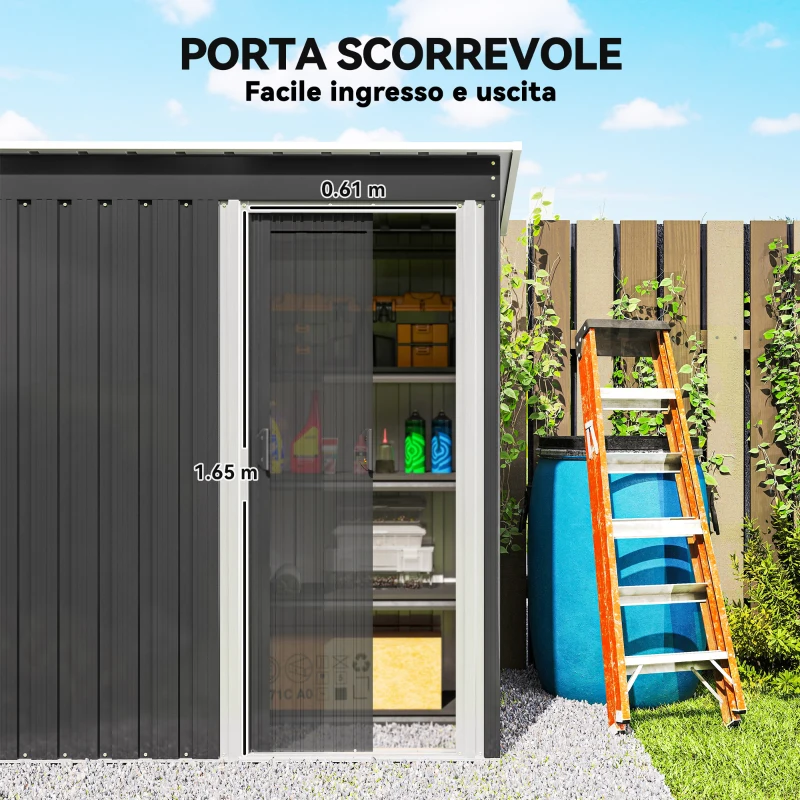 Outsunny Capanno da Giardino 1.16m² con Tetto Inclinato e Porta Scorrevole, Casetta Attrezzi Giardino in Acciaio Zincato, 163x89x182 cm, Nero