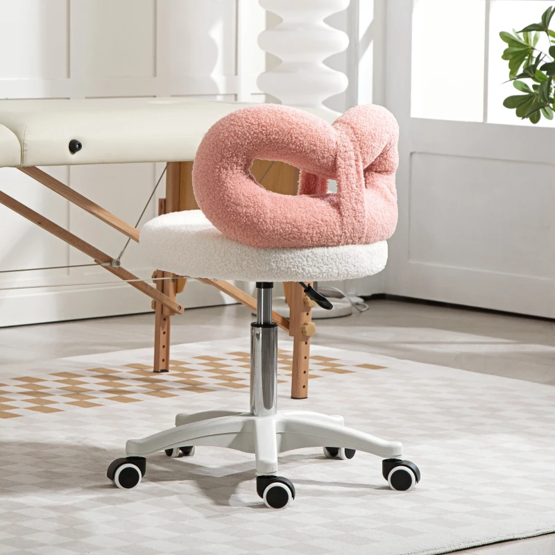 HOMCOM Sgabello Girevole ad Altezza Regolabile con Schienale ad Arco, in Tessuto Teddy, 50x50x63-77 cm, Bianco e Rosa