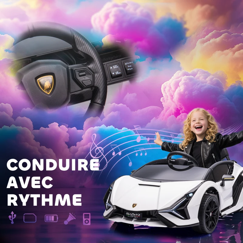 HOMCOM Voiture électrique Enfants de Sport Supercar sous Licence Lamborghini Sian 12 V - V. Max. 5 Km/h avec Télécommande 2,4G Effets sonores + Lumineux Blanc(m-6)