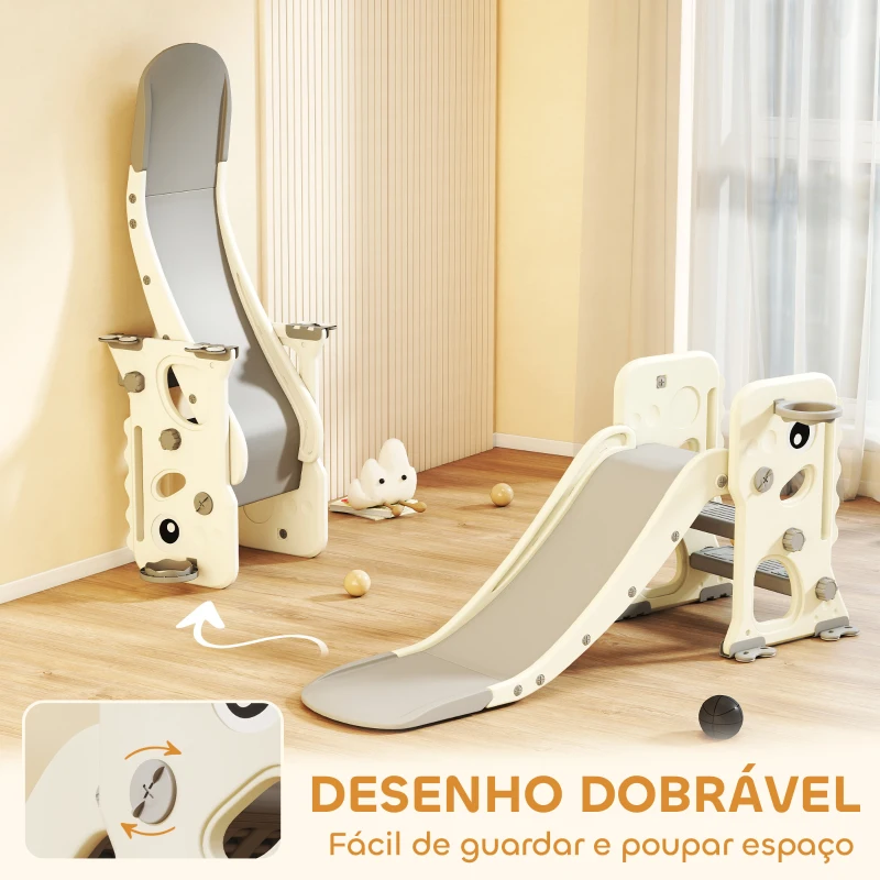 AIYAPLAY Escorrega Infantil 3 em 1 Dobrável com Escada Cesto de Basquetebol e Desenho de Dinossauro 146x52x65 cm Creme e Cinza