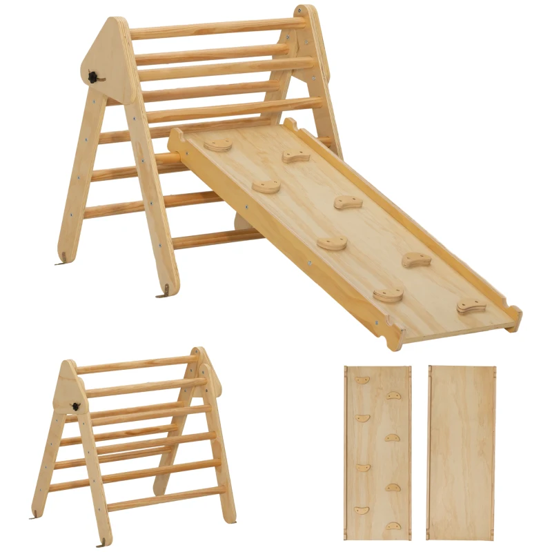 AIYAPLAY Triángulo de Escalada de Madera 3 en 1 con Rampa para Deslizarse o Escalar 147x64,5x63 cm Natural