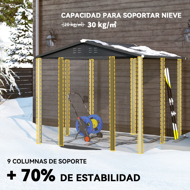 Outsunny Cobertizo de Jardín Exterior 4,4 m² 240x206x198 cm con Base Puerta Corredera y Cerradura Armario para Jardín Teca