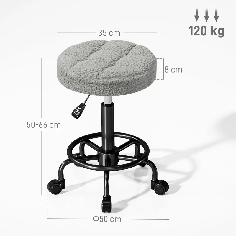 HOMCOM Sgabello Girevole Rotondo con Ruote e Altezza Regolabile, Seduta rivestita in Tessuto, 50x50x66 cm, Grigio
