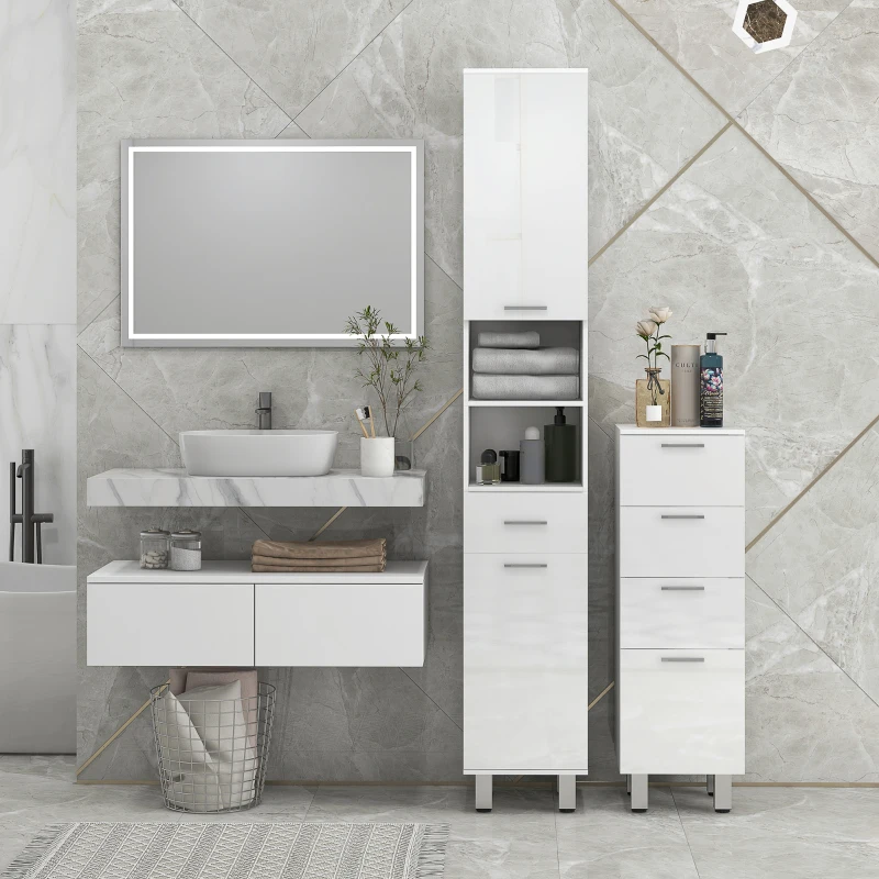 Kleankin Dulap Baie 4 Sertare – Alb Lucios, Depozitare Compacta(m-7)
