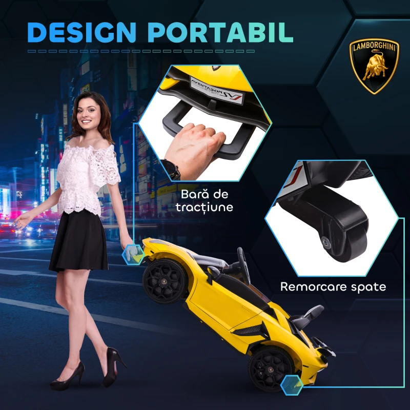HOMCOM Mașinuță Electrică pentru Copii de 12V cu 2 Motoare, Telecomandă, Faruri și Muzică, 107,5x63x42 cm, Galben