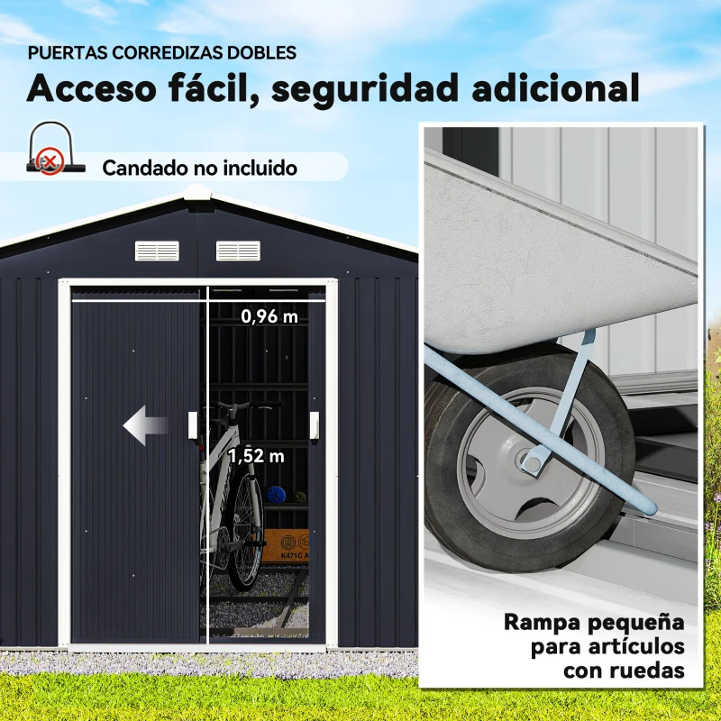 Outsunny Cobertizo de Jardín 8,3 m² 277x322x192 cm con 2 Puertas Corredizas Base Refuerzo (Suelo NO Incluido) Gris