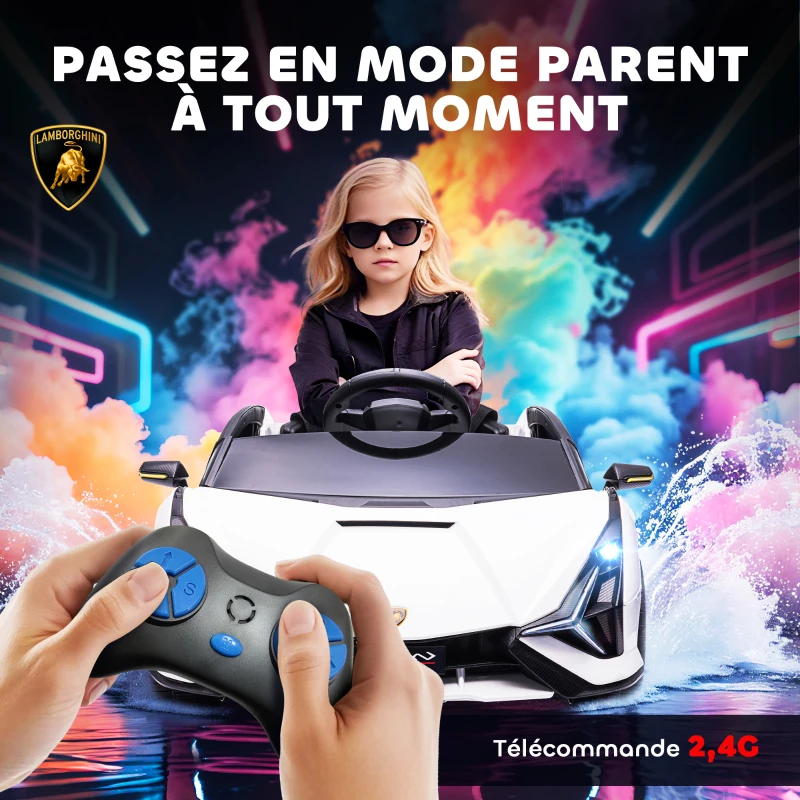 HOMCOM Voiture électrique Enfants de Sport Supercar sous Licence Lamborghini Sian 12 V - V. Max. 5 Km/h avec Télécommande 2,4G Effets sonores + Lumineux Blanc(m-5)