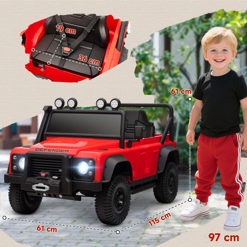 AIYAPLAY Carro Elétrico para Crianças com Licença Land Rover 12V Controlo Remoto Sistema de Suspensão USB MP3 Velocidade Ajustável Faróis 115x61x61 cm Vermelho