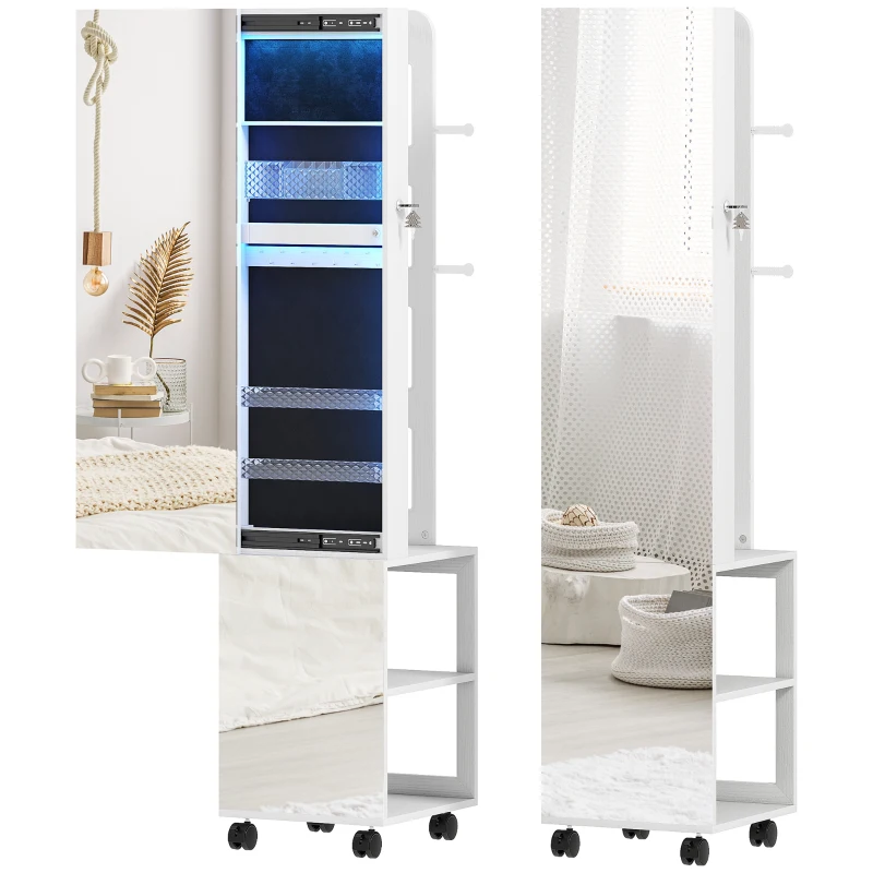 HOMCOM Armoire à bijoux armoire avec miroir sur pied pivotante à 360° éclairage LED 37x40x165,5cm cadre blanc, doublure noire