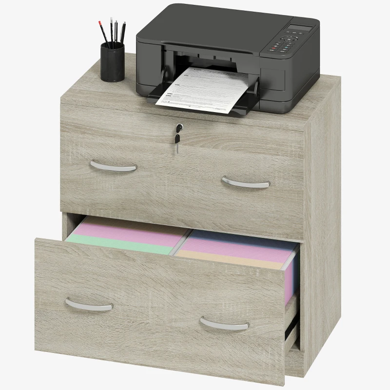 Vinsetto Classeur de Bureau avec 2 Tiroirs avec Rails pour Dossiers Suspendus pour A4 Serrure et 2 Clés 74x42x72 cm Naturel