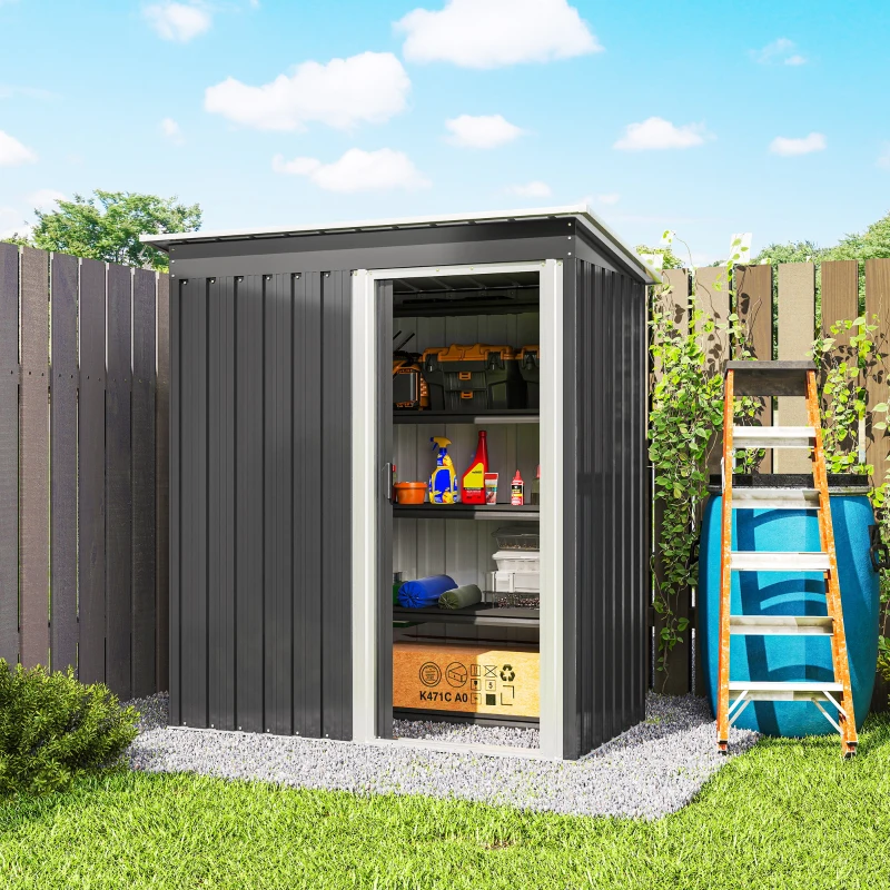 Outsunny Abrigo de Jardim Exterior 1,5 m² 163x89x182 cm Abrigo Metálico para Ferramentas com Porta de Correr e Teto Inclinado Preto
