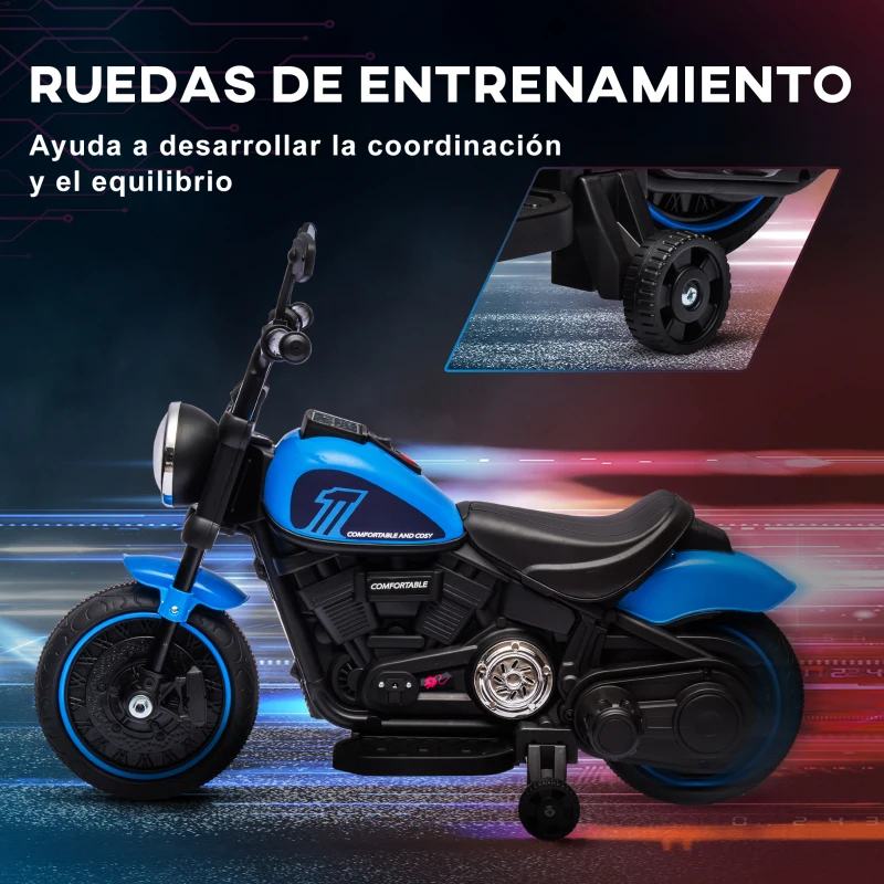 HOMCOM Moto Eléctrica para Niños de 18-36 Meses con Batería 6V Faro y Ruedas Auxiliares Desmontables Azul