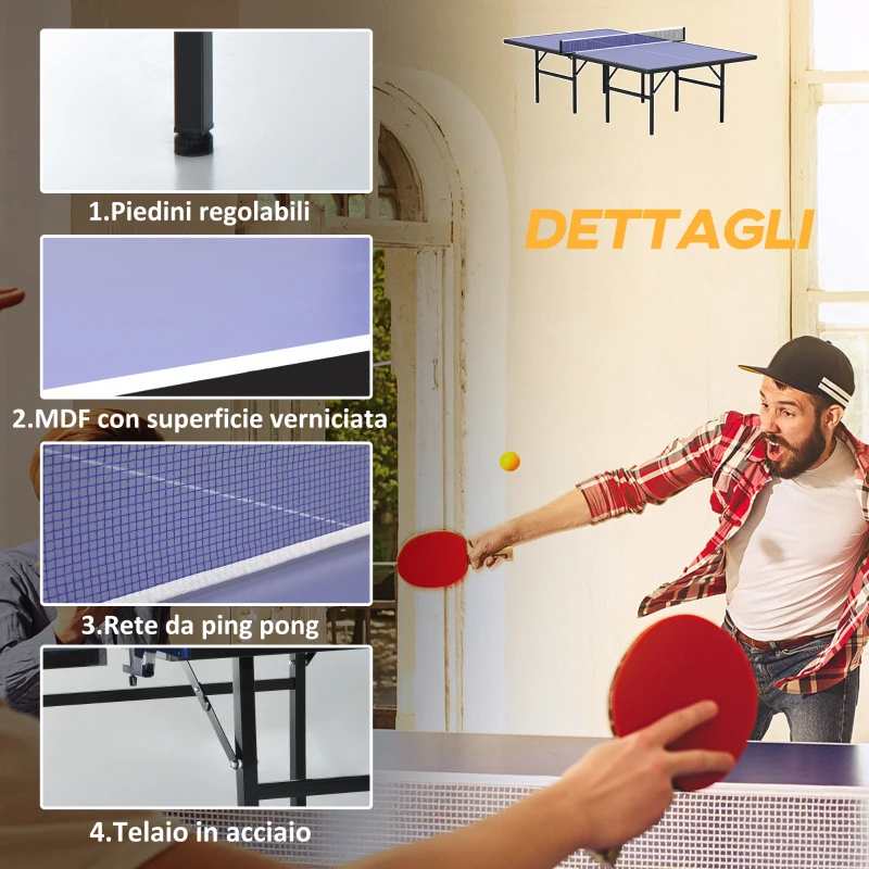 HOMCOM Tavolo da Ping Pong Pieghevole per Interni in MDF e Acciaio, 152.5 x 274 x 76 cm, Blu e Viola