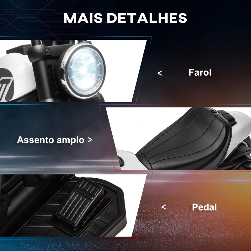 HOMCOM Motocicleta Elétrica para Crianças de 18-36 Meses com Bateria 6V Farol e Rodas Auxiliares Removíveis 76x42x57 cm Branca