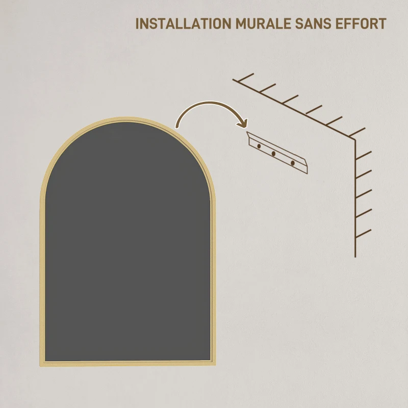 HOMCOM Miroir mural arqué miroir de salle de bain avec cadre en alliage d'aluminium pour chambre salon entrée 50 × 70 cm or