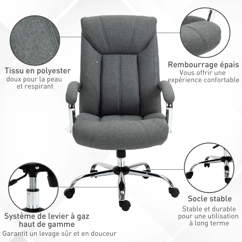 Vinsetto Fauteuil de bureau, chaise de bureau ergonomique, hauteur réglable, dossier haut, fonction de bascule, 65x78x118cm, gris
