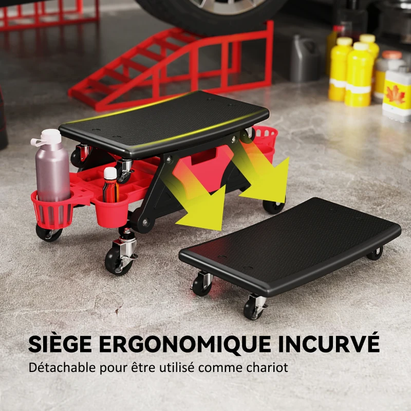 HOMCOM Tabouret d'atelier mobile 135 kg, tabouret de mécanicien avec roulettes rotatif à 360° avec plateaux, 86x33x33cm, rouge