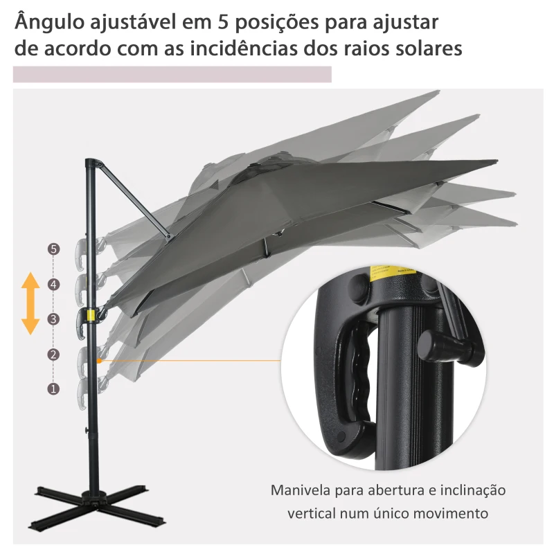 Outsunny Chapéu de Sol de Jardim Chapéu de Sol Excêntrico com Rotação 360° Inclinação de 5 Níveis com Manivela 245x245x245 cm Cinza