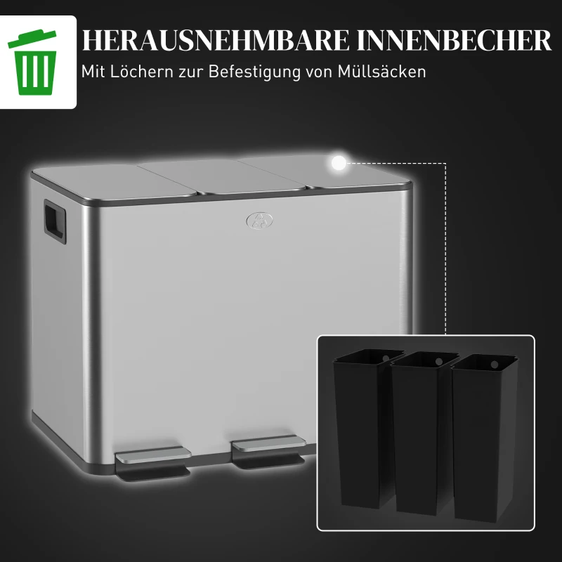 HOMCOM Mülleimer mit 3 x 20 L Fächern, Deodorant-Deckel, fingerabdrucksicher, Soft-Close, herausnehmbar, Silber(m-7)