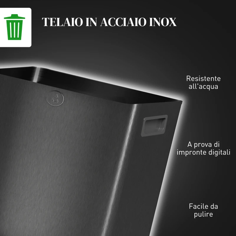 HOMCOM Bidone Immondizia a 2 Sezioni da 15L con Chiusura Silenziosa, in Acciaio Inox e PP, 41.7x36.6x43.2 cm, Nero