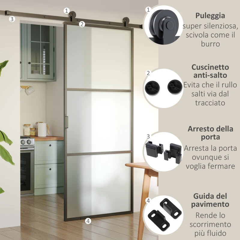 HOMCOM Kit Porta Scorrevole in Acciaio con Binari, Fermi e Guide, 200x40x0.6 cm, Nero