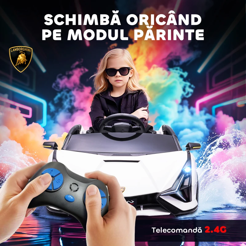 HOMCOM Mașină Electrică pentru Copii 3-5ani, Mașinuță Electrică Lamborghini cu Faruri, Muzică și Telecomandă, 108x62x40cm, Alb