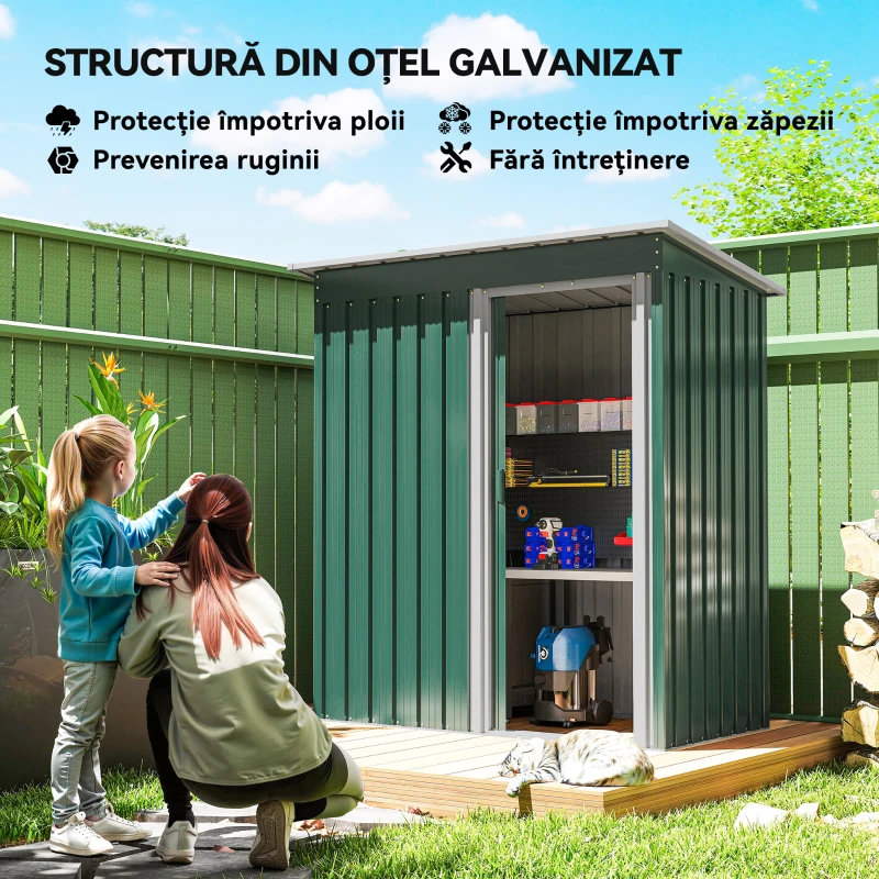 Outsunny Magazie de Grădină pentru Scule din Oțel Galvanizat cu Acoperiș Înclinat și Ușă Culisantă, 163x89x182 cm, Verde(m-4)