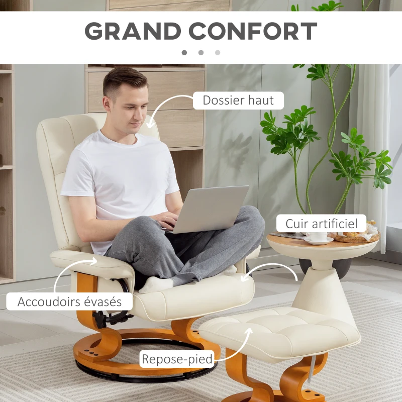 HOMCOM Fauteuil de relaxation inclinable avec repose-pied, pivotant, cadre en bois , revêtement synthétique crème(m-6)