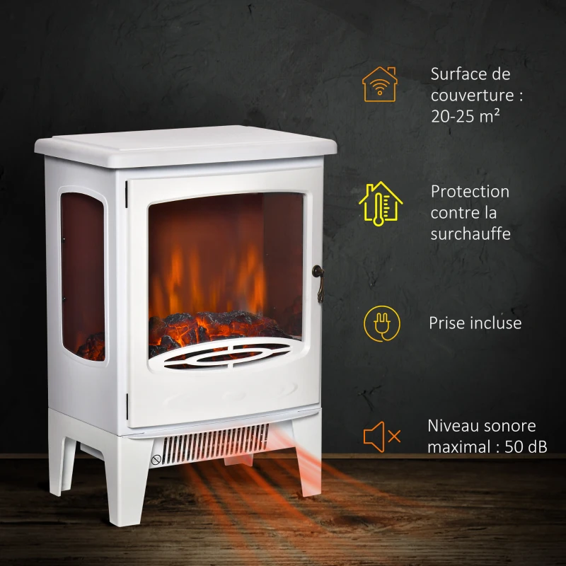 HOMCOM Cheminée électrique poêle Style néo-rétro 900-1800 W Simulation Flammes LED luminosité réglable Acier ABS Blanc