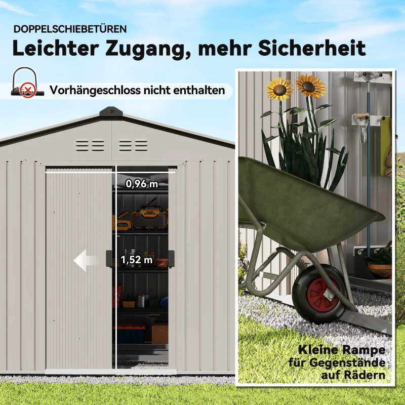 Outsunny Geräteschuppen aus Metall mit Schiebetüren und Belüftungsfenstern, 277 x 195 x 192 cm, Grau(m-6)