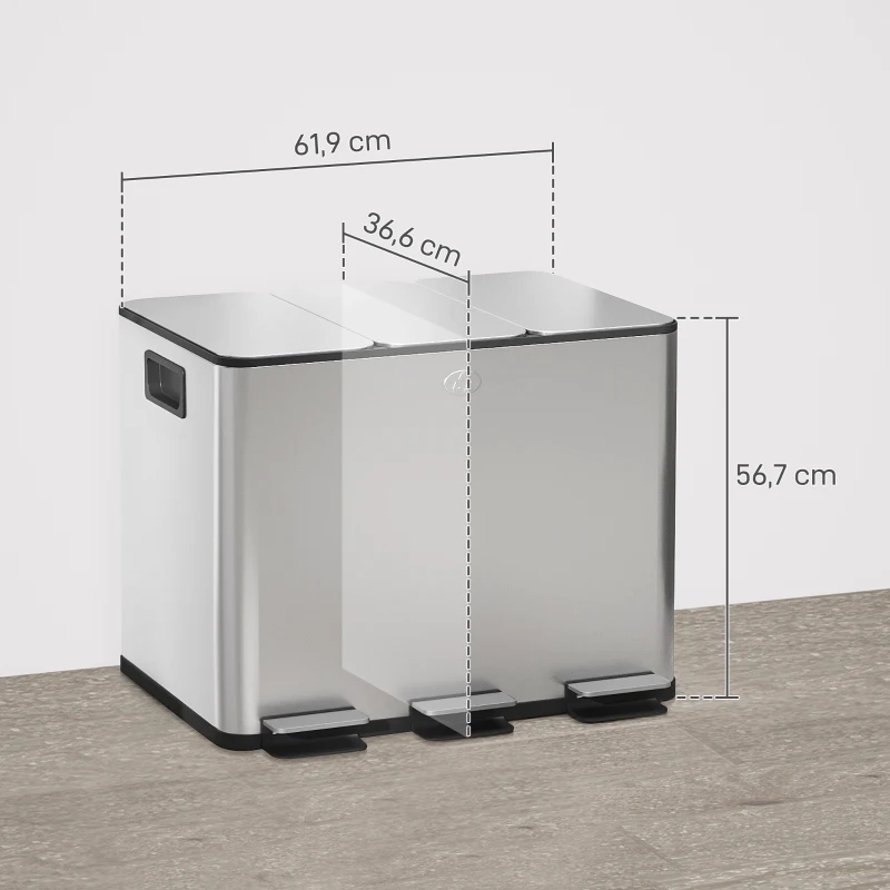 HOMCOM Mülleimer mit 3 x 20 L Fächern, Deodorant-Deckel, fingerabdrucksicher, Soft-Close, herausnehmbar, Silber(m-3)