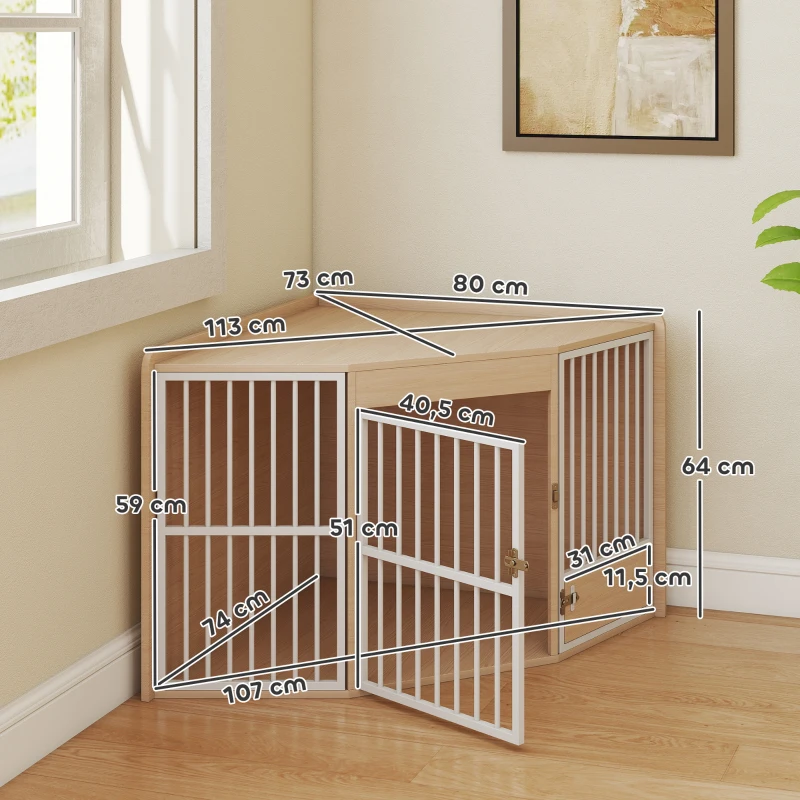 PawHut Jaula de Esquina para Perros, mesa auxiliar, con puerta giratoria, para perros pequeños y medianos 113 x 80 x 64 cm, roble